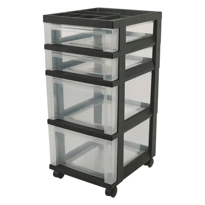 IRiS Mini Chest Storage Cart with 4 Drawers, 26-7/16 in H X 12-1/16 in W X 14-1/4 in D, Clear Plastic, Black 1378555